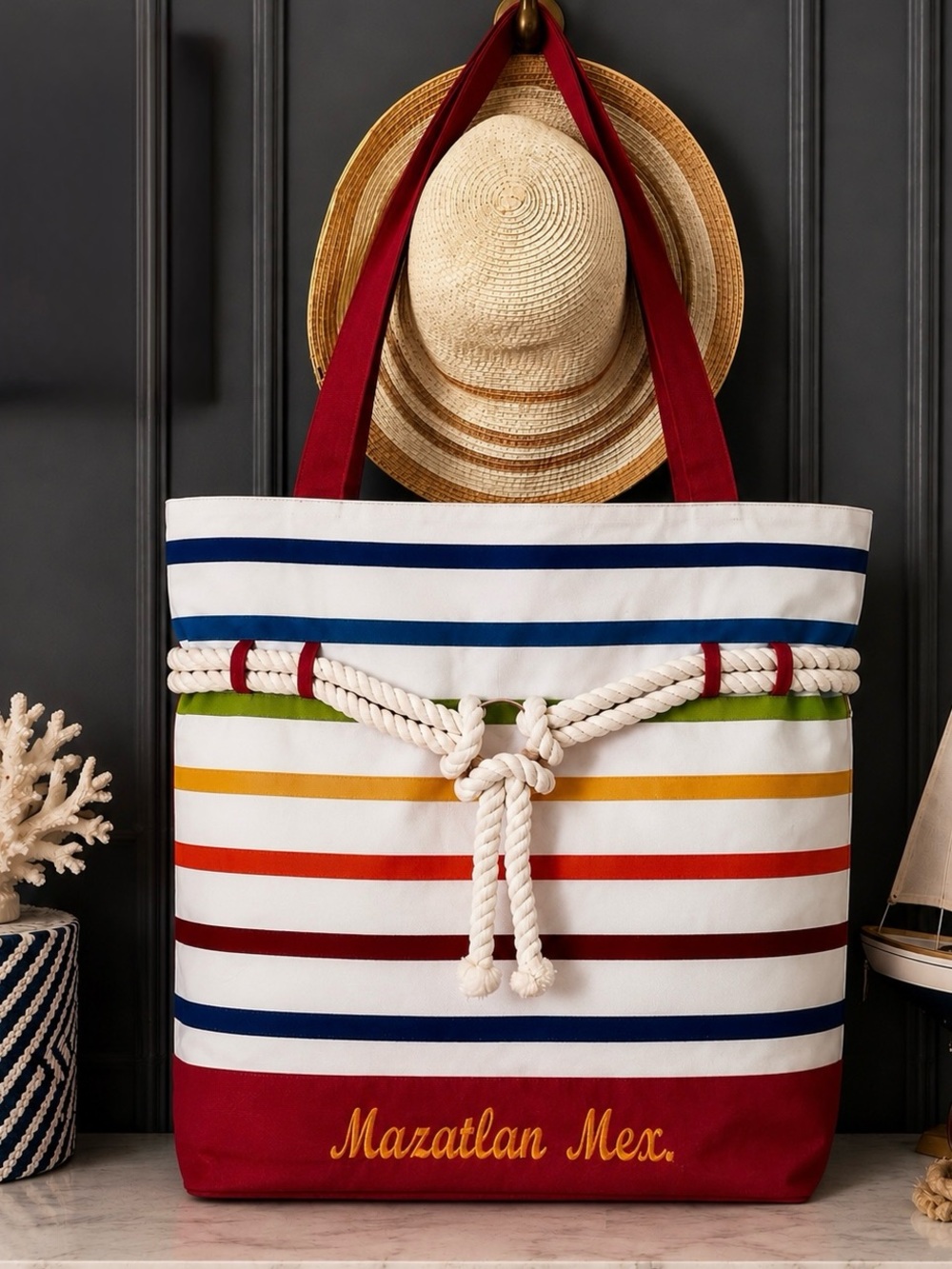 Colorful Rainbow Striped Cruise Beach Tote Bag & Straw Sun Hat Travel Bundle
